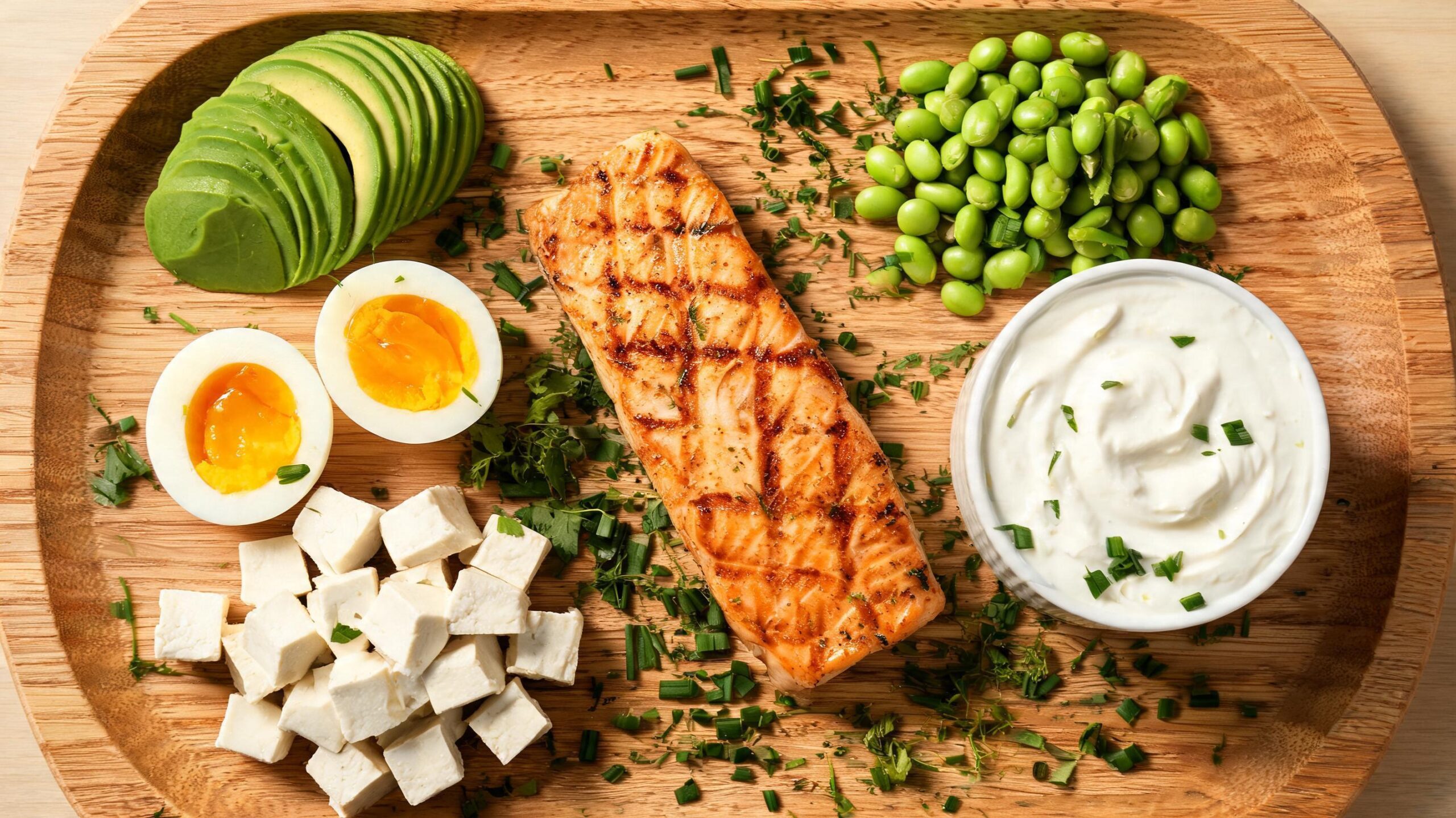 Sebuah dulang kayu dengan makanan kaya protein untuk pemakanan warga emas: salmon, telur, yogurt, kacang, avokado dan tauhu