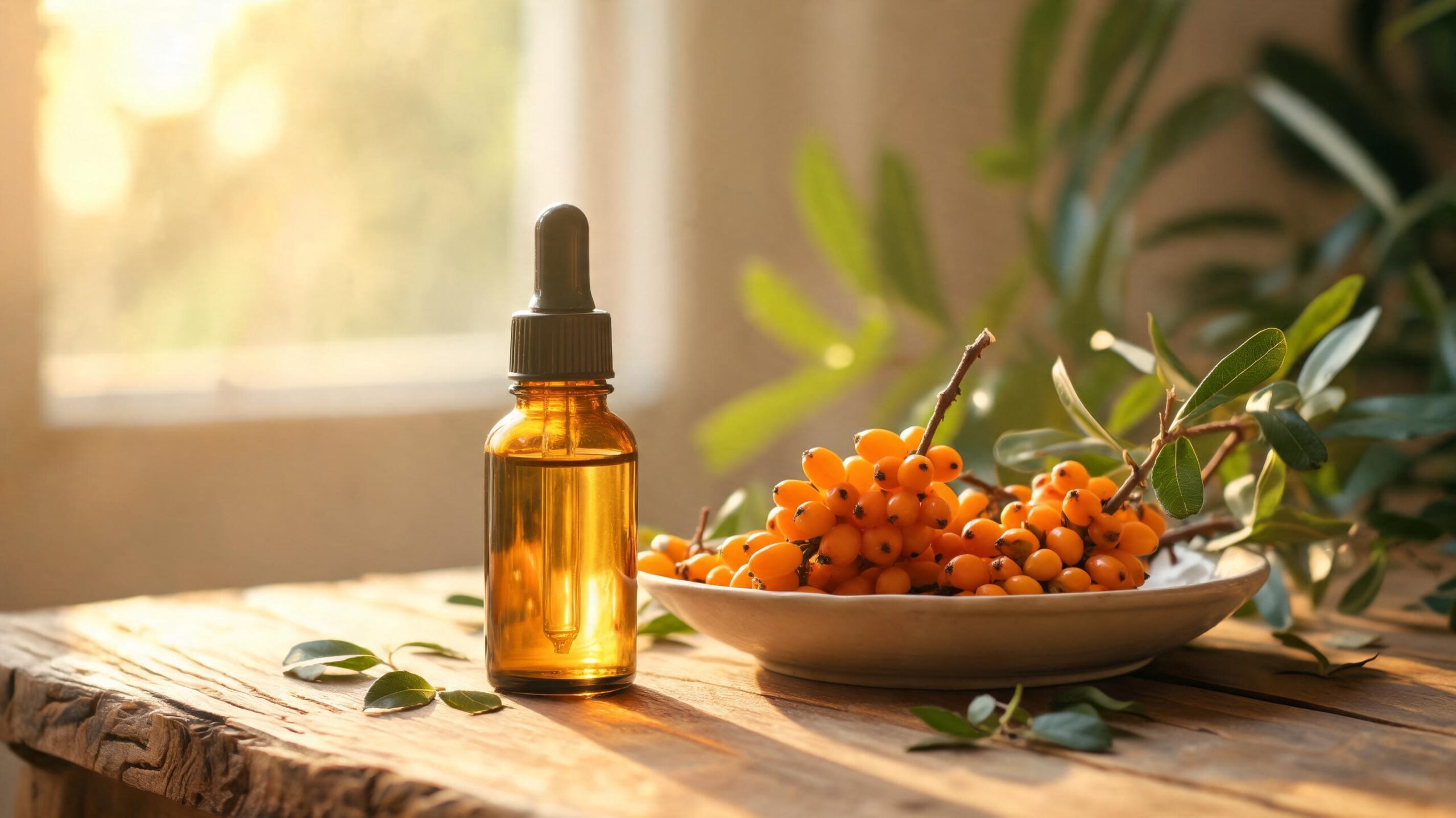 Four sea buckthorn forms — a golden oil dropper bottle, a glass of orange juice, dried berries and a clear capsule — laid side by side on light oak wood