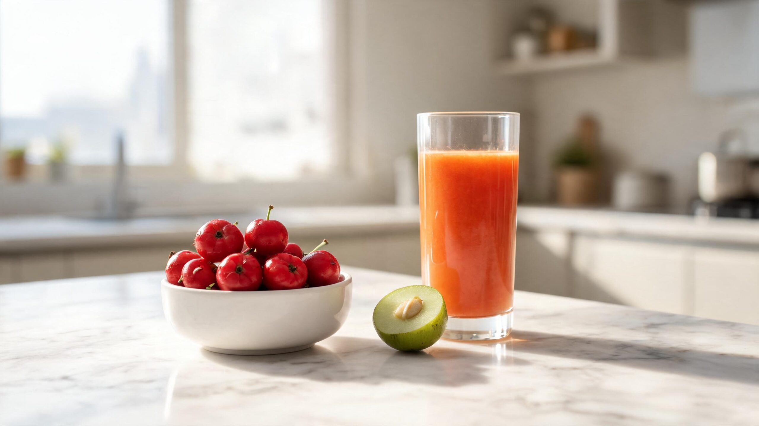 Acerola cherries, amla and a glass of camu camu juice on a marble counter — the natural vitamin C sources that carry the cofactor layer