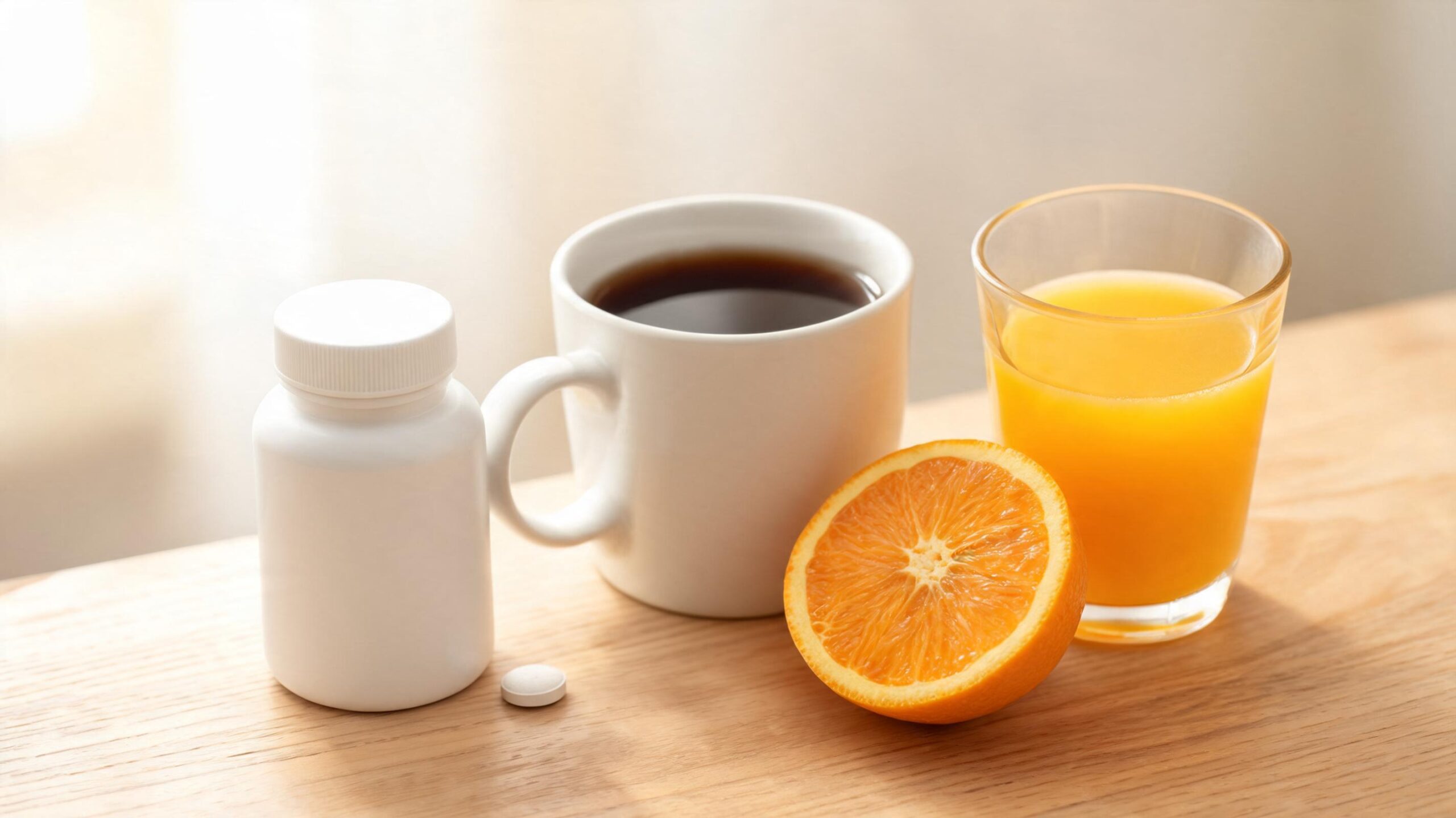 An iron tablet and a mug of dark tea beside orange juice on a breakfast table — the pairing that determines how much iron you actually absorb
